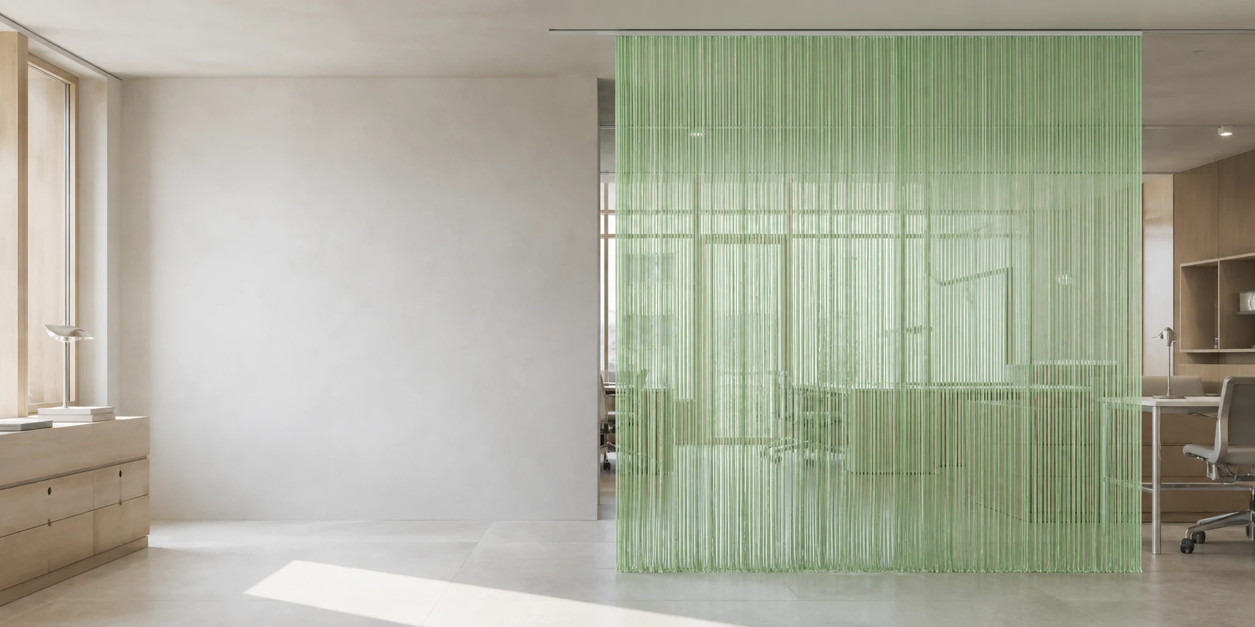 Sage string curtain zoning a naturally lit Copenhagen workplace